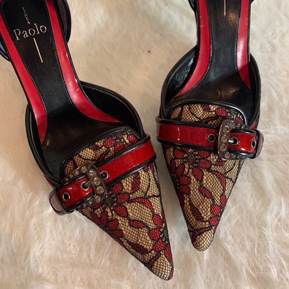 Linea Paola Lace and Rhinestone Buckle Pumps